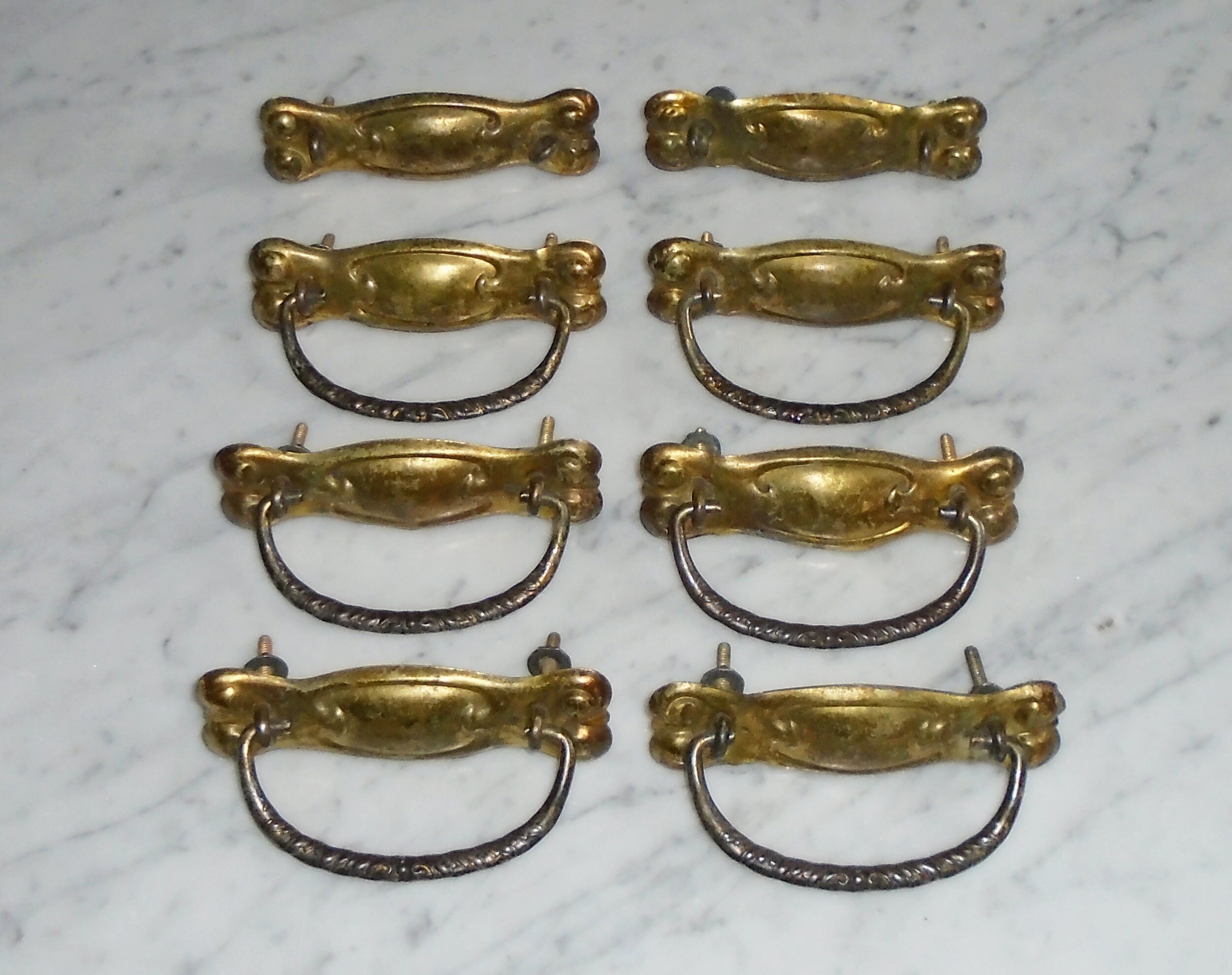 6-Pack Antique Brass Drop Bail Cabinet Pulls - Vintage Floral Handles, 3-3/4" Hole Centers (96mm)