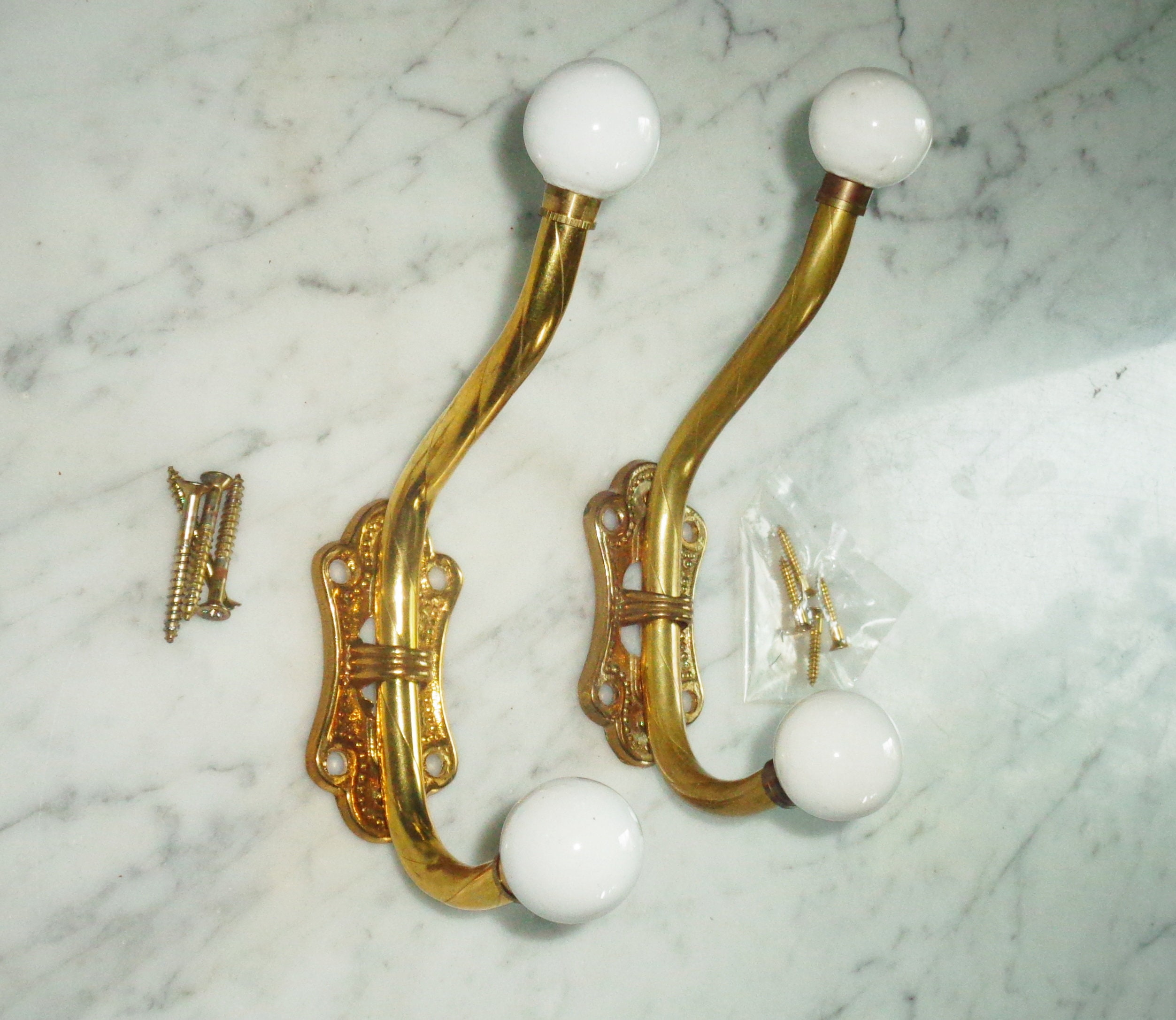 Brass Double Coat Hooks With Porcelain Ceramic Ball Tips Made in Taiwan Set  of 2 Vintage Mid Century, Lot 2