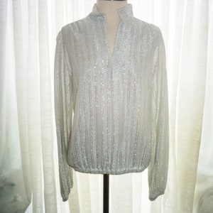 Vintage Judy Bond Size 14 Womens Silver Sleeve Blouse Shirt w Elastic Cuffs & Waist Seam image 1