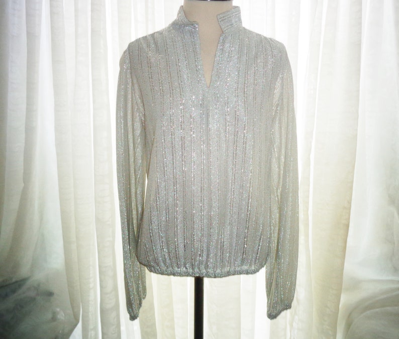 Vintage Judy Bond Size 14 Womens Silver Sleeve Blouse Shirt w Elastic Cuffs & Waist Seam image 1