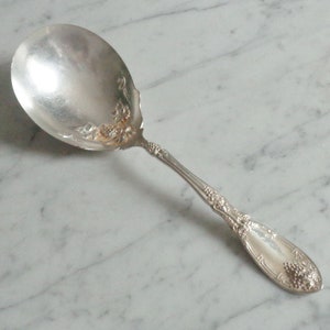 Puede incluir: Una cuchara de servir de plata con un diseño ornamentado con uvas y hojas. La cuchara tiene un cuenco redondeado y un mango largo y delgado.
