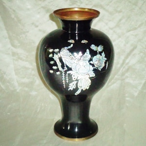 Zwart Emaille Abalone Parelmoer Inlay Deco Flower Vase ~ Messing Metaal