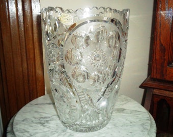Bohemia Hand Cut Lead Crystal Sawtooth Rim Vase made in Czechoslovakia 10 inches Tall x 7 inches wide