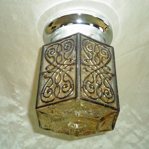 Black Scroll Chrome light fixture Vintage MCM Ceiling Light w Glass Globe