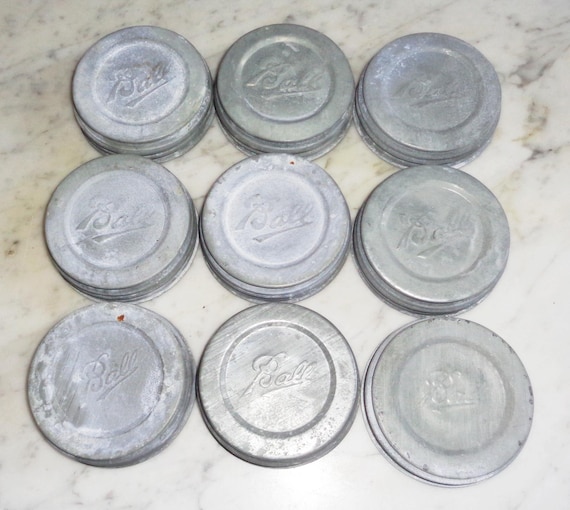 9 Vintage Ball Mason Canning Jar Zinc Metal Porcelain Lid Covers 3 5/8inch