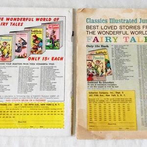 May include: A vintage advertisement for Classics Illustrated Junior fairy tale books. The ad features a colorful illustration of Pinocchio and a list of fairy tales available for purchase. The ad also includes a coupon for ordering the books by mail.