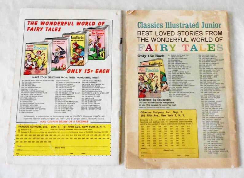 May include: A vintage advertisement for Classics Illustrated Junior fairy tale books. The ad features a colorful illustration of Pinocchio and a list of fairy tales available for purchase. The ad also includes a coupon for ordering the books by mail.