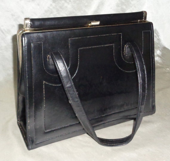 Vintage Black Vinyl Leather Purse Hand Bag w Inne… - image 2