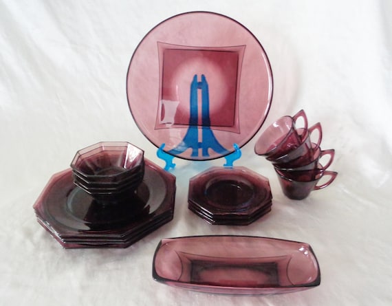 Hazel Atlas Amethyst Moroccan Octagon Purple Glass Dish Set w Round Serving Platter