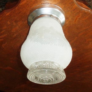 Checkered Bullseye Diamond Glass, Small Ceiling Light Fixture, Vintage Clear & White Globe