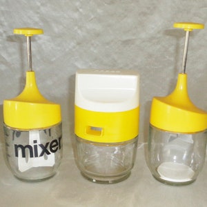 Vintage Kitchen Gemco Mixer, Juicer & Chopper Glass Jars w Yellow Tops