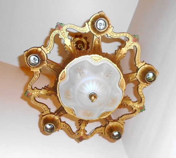 Rare Antique Art Nouveau Polychrome 1920s 6 Light Chandelier Image 0