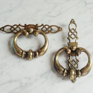 Ring Drop Bail Knocker Brass Door Drawer Pulls Set of 2 Vintage "P178" with Back Plates