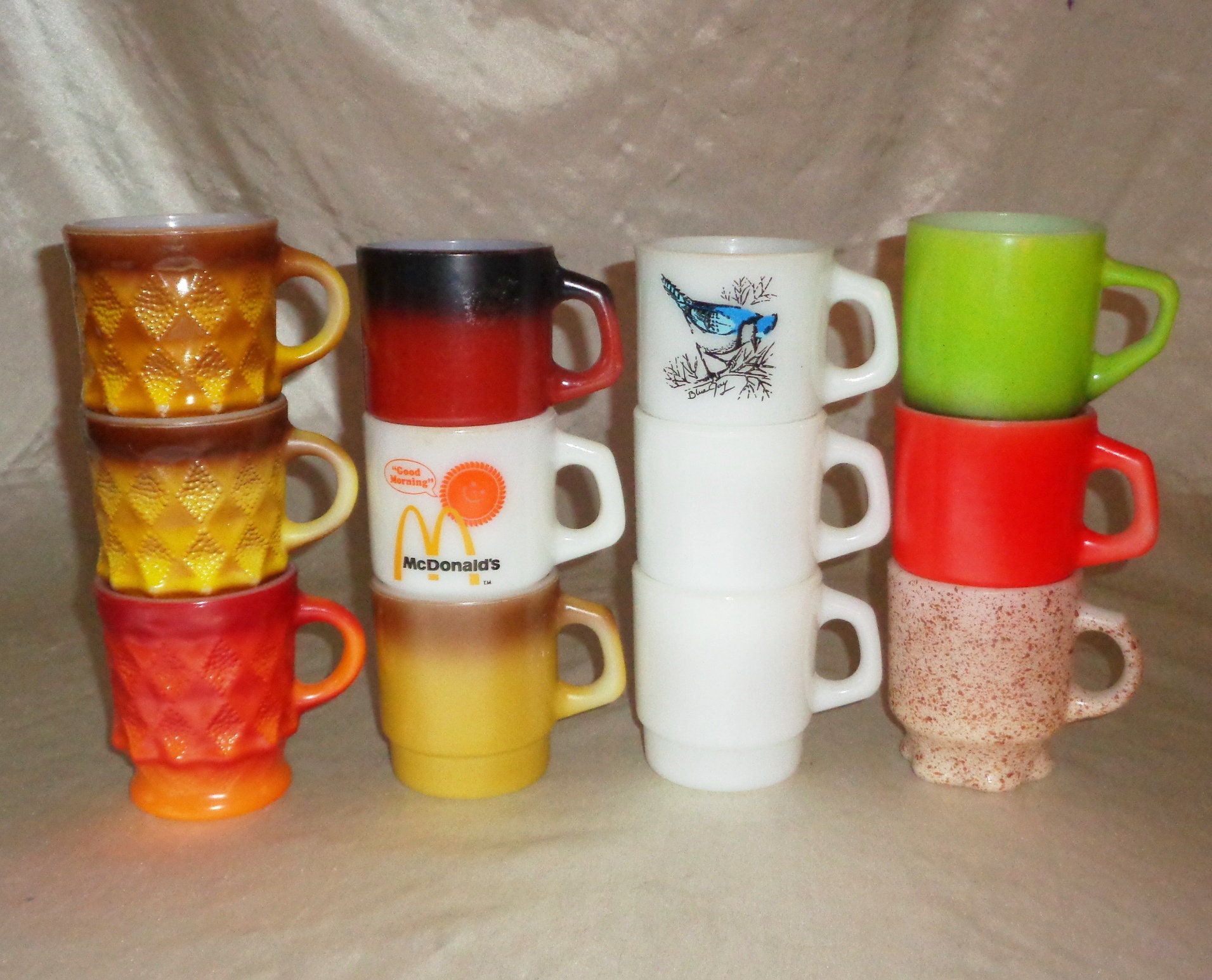 Fire King White Stacking Coffee Mugs ~ Mcdonalds Bird, Kimberly