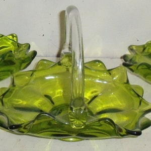 Epic Viking Glass Green Double Crimped Basket & 2 Candy Dish&#39;s, 3pc Vintage