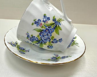Rare Royal Sutherland HMTea Cup And Saucer Blue Forget Me Not flowers, vivid colors- beautiful gift or addition to collection, tea parties
