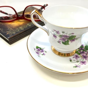 Society Fine Bone China Made in England-violet flower tea cup and saucer, 1970s vintage China for collector, beautiful gift, addition