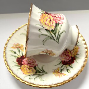 Vintage Paragon Bone China Carnation Cup And Saucer- beautiful floral set for hutch, collector, great addition to collection or gift