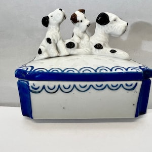 3 Dogs Schnauzer, Terrier figurines on Trinket box, Rare Jewelry Box, mid century unique gift for collector, vintage China made in Japan