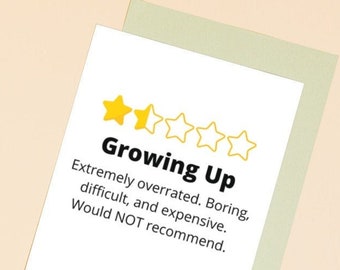 funny birthday card for teen, card for son or daughter, preteen or kids birthday card - Growing up gets a 1 star rating