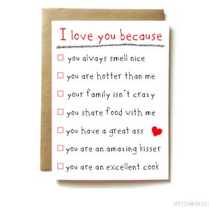 funny anniversary card, love card for boyfriend, girlfriend, husband, wife. Reasons I love you.