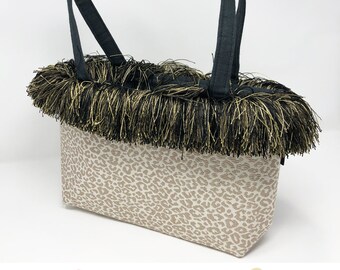 Cream & Navy  |  Leopard Print Handbag | BAGOLITA | Fabric + Fringe | Shoulder Bag