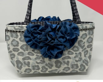 Gray Leopard with Royal Blue Ruffles | Medium Handbag | BAGOLITAS