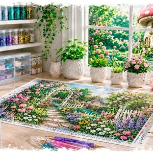 May include: A diamond painting kit featuring a garden scene with a stone path and white gate, accompanied by a white mug labeled Mystikyl Designs, a clear storage container with colorful beads, and several diamond painting pens on a desk.