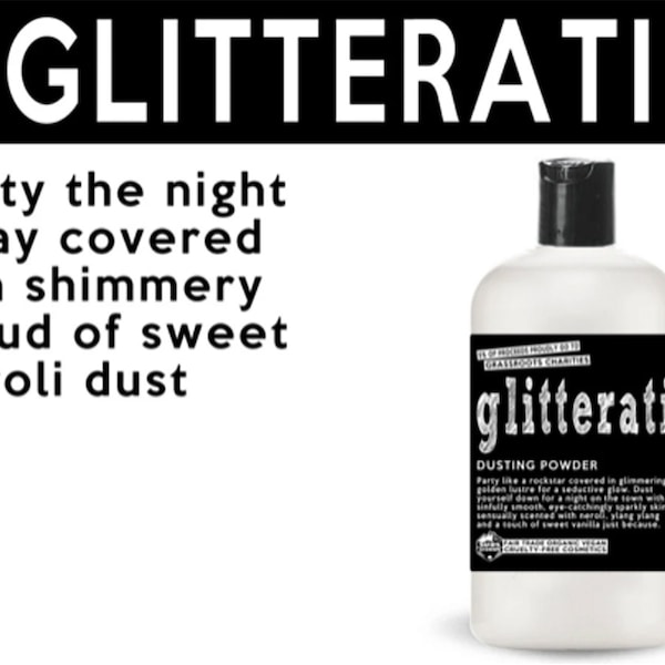 Glitterati Dusting Powder. Fair Trade Organic Vegan Cruelty-Free Cosmetics. 5% of Proceeds Proudly Go To Grassroots Charities