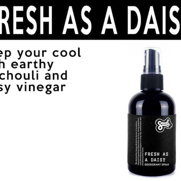 Fresh As A Daisy Deodorant Spray. Fair Trade Organic Vegan Cruelty-Free Cosmetics. 5% of Proceeds Proudly Go To Grassroots Charities