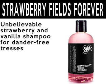 Shampooing Strawberry Fields. Cosmétiques sans cruauté végétaliens biologiques équitables. 5 % des profits vont fièrement à des organismes de bienfaisance de base