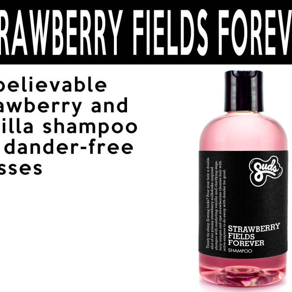 Strawberry Fields Shampoo. Fair Trade Organic Vegan Cruelty-Free Cosmetics. 5% of Proceeds Proudly Go To Grassroots Charities