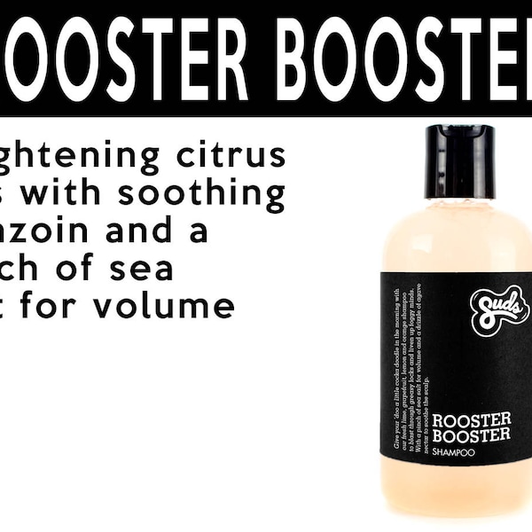 Rooster Booster Shampoo. Fair Trade Organic Vegan Cruelty-Free Cosmetics. 5% of Proceeds Proudly Go To Grassroots Charities