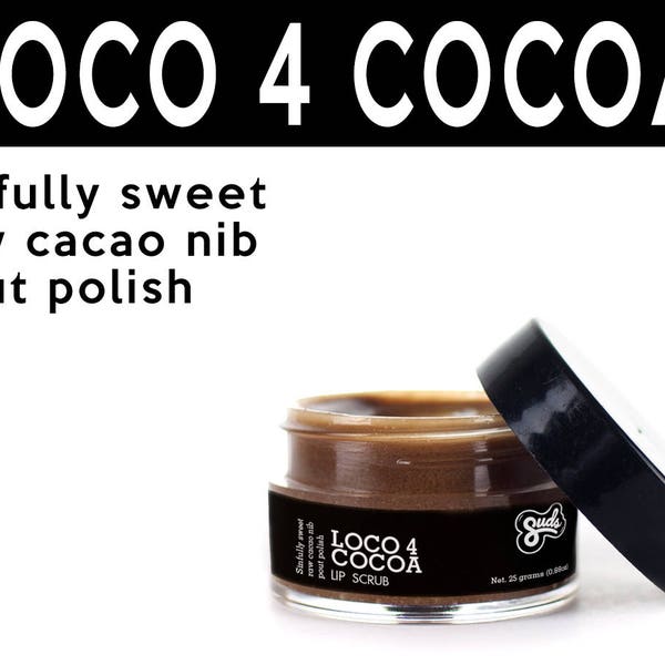 Cocoa Loco Lip Scrub. Fair Trade Organic Vegan Cruelty-Free Cosmetics. 5% of Proceeds Proudly Go To Grassroots Charities