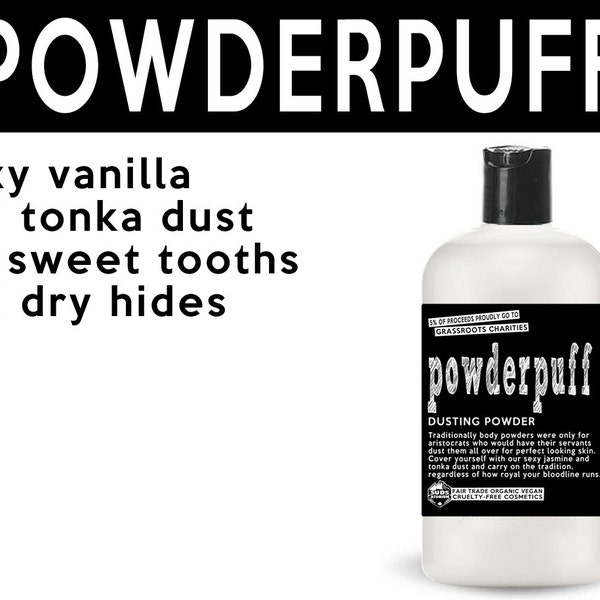 Powderpuff Dusting Powder. Fair Trade Organic Vegan Cruelty-Free Cosmetics. 5% of Proceeds Proudly Go To Grassroots Charities