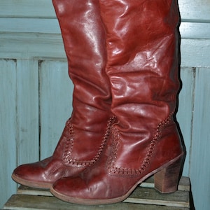 RARE 80's Zodiac 12 Leather Cowboy Cowgirl Knee High Boots OTK Fold Russet Red Brown Whipstitch Thigh Wood Stacked Heel Slouchy Pirate L/XL image 1