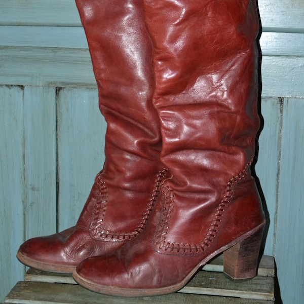 RARE 80's Zodiac 12 Leather Cowboy Cowgirl Knee High Boots OTK Fold Russet Red Brown Whipstitch Thigh Wood Stacked Heel Slouchy Pirate L/XL