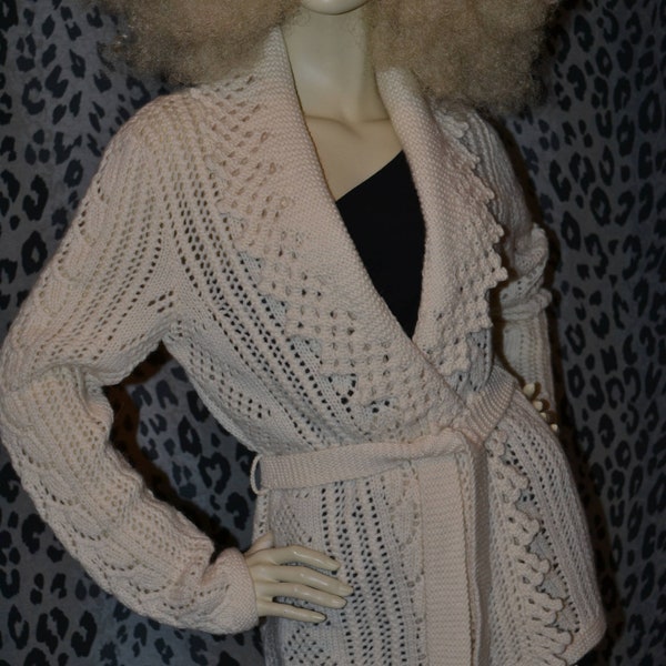 Vintage 1990's Ralph Lauren Hand Knit SNOWFLAKE Cardigan Size S 100% Wool Christmas Ugly Sweater Knitted Lace Crochet Belt Doily Angel XS