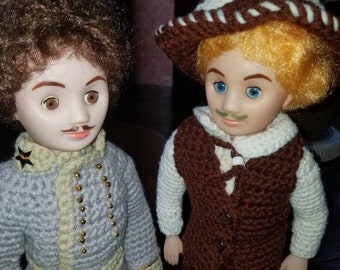 2 VTG Boys 16" Dolls Mustache Prince Charming Hand Knit Crochet Clothes Outfit Hat Shoes Military Royal Men Party Decor Creepy F*ck Boy Pair