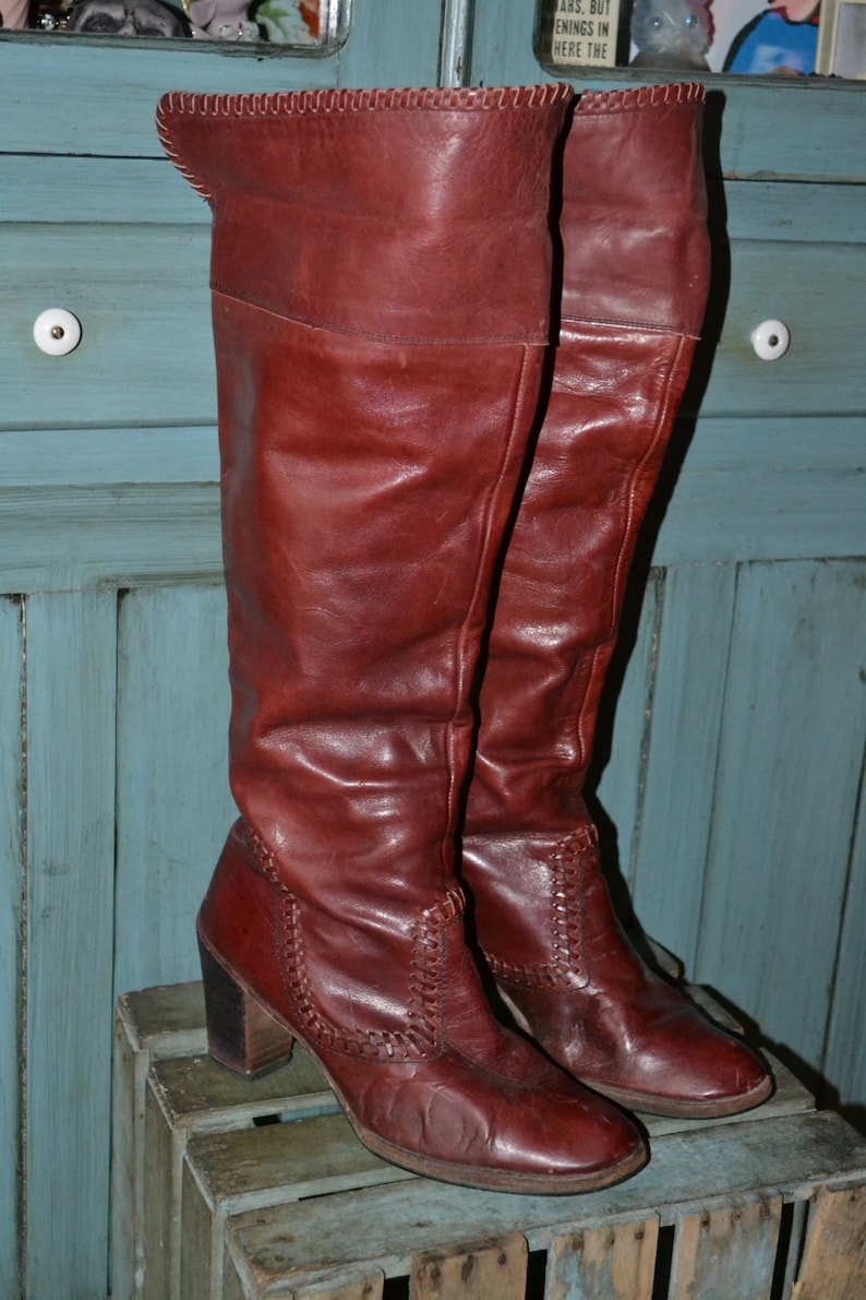 RARE 80's Zodiac 12 Leather Cowboy Cowgirl Knee High Boots OTK Fold Russet Red Brown Whipstitch Thigh Wood Stacked Heel Slouchy Pirate L/XL image 2