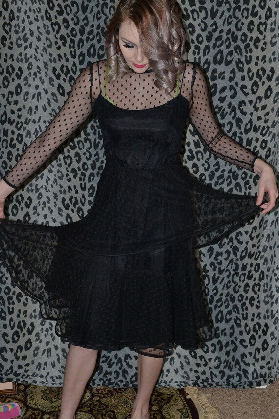 80's Gunne Sax Black Lace Polka Dot Gown Angel Dr… - image 3