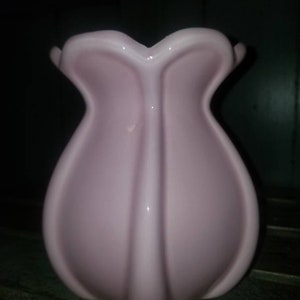 May include: A pale pink ceramic vase with a unique tulip-shaped design. The vase has a smooth, glossy finish and a wide opening.