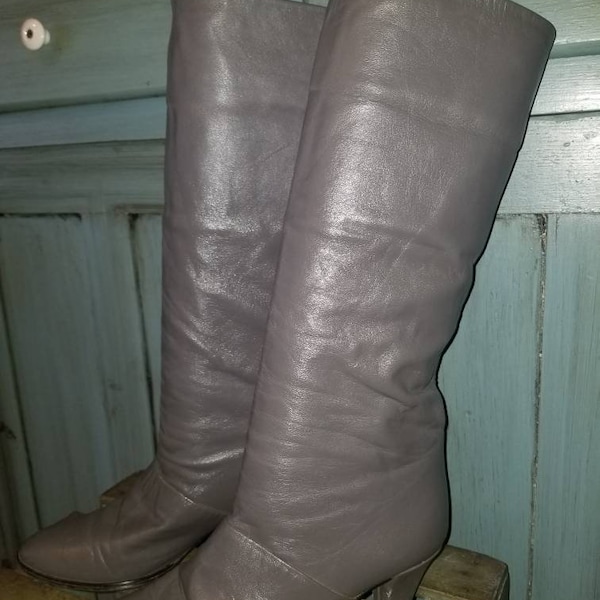 80's JOYCE 6.5 N Charcoal Gray Butter Leather Pirate Fold Over Cuff Cowboy Calf Knee High Boots Knee High Ankle Wear Up or Down HOT Classy