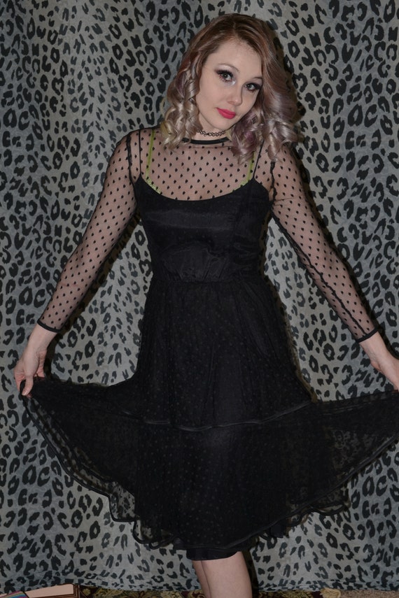 80's Gunne Sax Black Lace Polka Dot Gown Angel Dr… - image 2