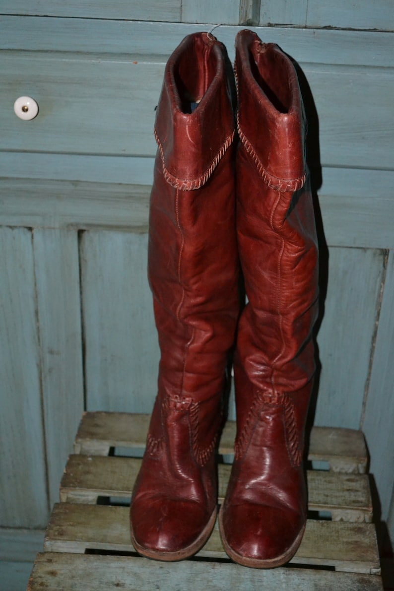 RARE 80's Zodiac 12 Leather Cowboy Cowgirl Knee High Boots OTK Fold Russet Red Brown Whipstitch Thigh Wood Stacked Heel Slouchy Pirate L/XL image 3
