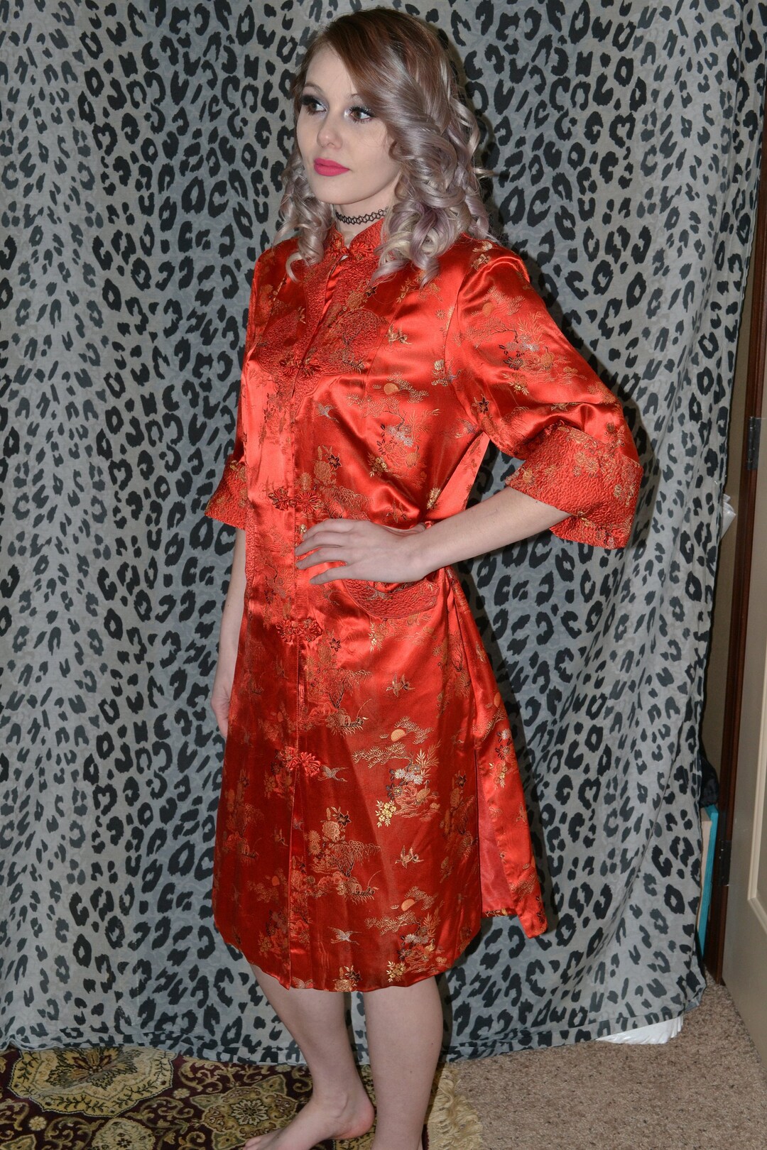 Vintage Asian Embroidered Red Dress Robe Dressing Gown M/L Jacquard ...