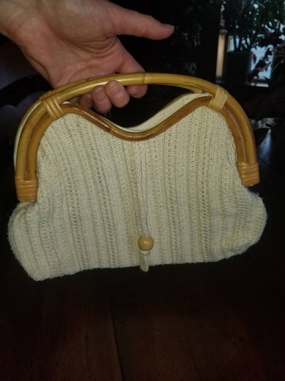 Vintage BOHO Natural Cotton basketweave Purse Wov… - image 2