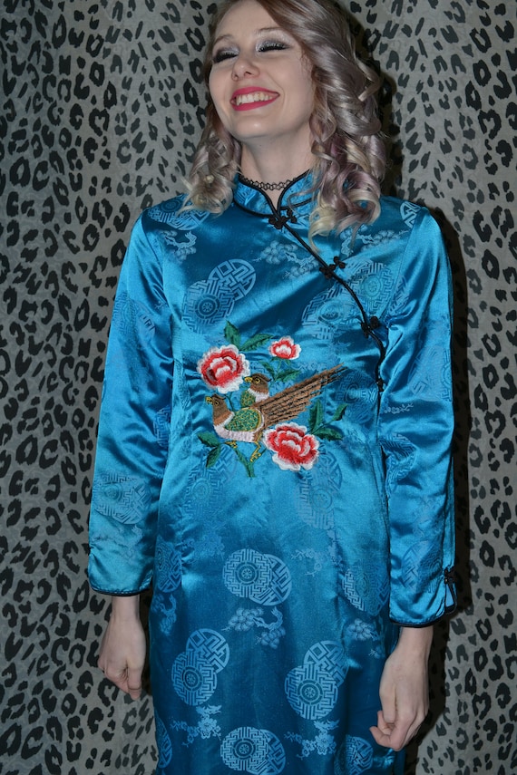 Vintage Asian Embroidered Dress Turquoise Robe Dressi… Gem