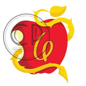 May include: A red apple with a golden leaf design. The apple is bitten into and the bite mark is shaped like a letter Q.