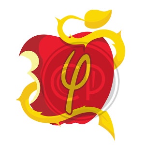 May include: A red apple with a bite taken out, featuring a gold-colored vine and a stylized gold letter "ψ". The apple has a circular design in the center with the letters "CP". The design is on a white background.
